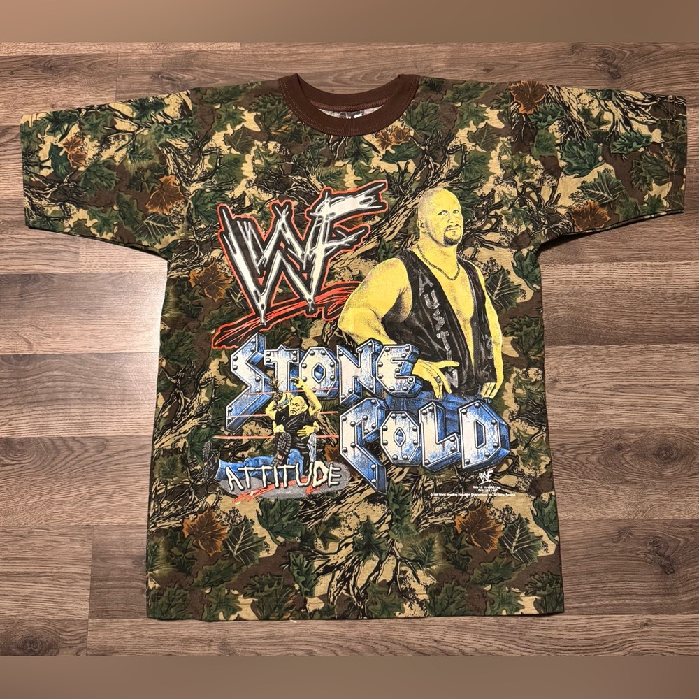 VTG 1998 WWE Wrestling Stone Cold Steve Austin Attitude Camo YTH LG Tshirt NWOT!
